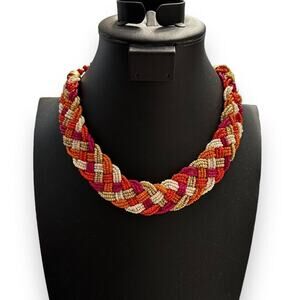 Braided Collar Choker Style Seed Bead 22” Statement Necklace Pink Orange White